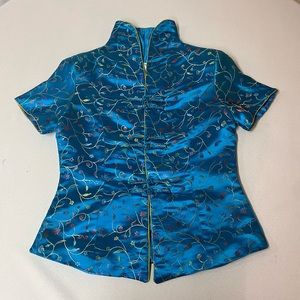 2/$20-Traditional Asian Chinese Brocade Turquoise & Gold Short Sleeve Blouse - 6
